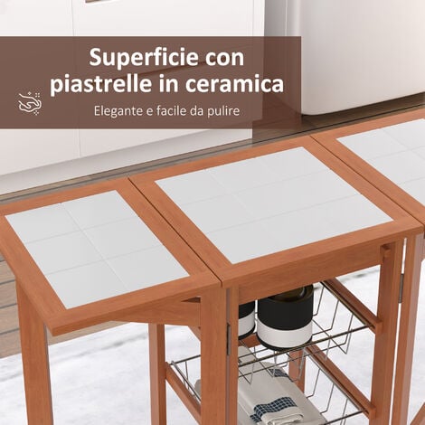 HOMCOM Carrello da Cucina Pieghevole Cassetto e 6 Ruote in Legno e Metallo
