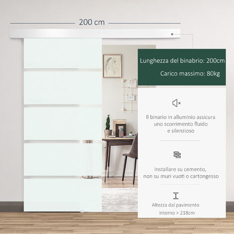 HOMCOM Porta Scorrevole Vetro Satinato 8mm Binario in Alluminio 205x90cm