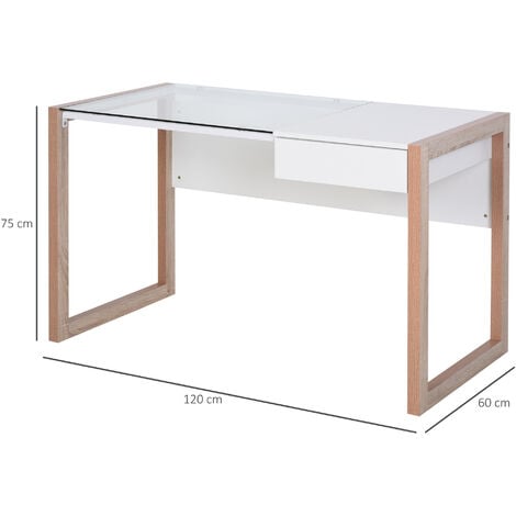 HOMCOM Scrivania di Design in Legno e Vetro Temperato con Cassetto 120x60x75cm