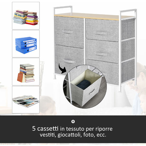 HOMCOM Cassettiera 4 Cassetti In Tessuto Effetto Lino – Struttura In Acciaio, 60x36x88 Cm, Grigio, Con Maniglie Larghe E Antiribaltamento