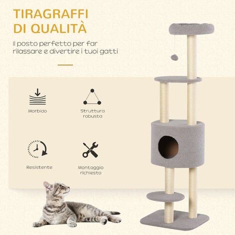 PawHut Albero Tiragraffi Robusto per Gatti con 5 Livelli, Grigio e Beige