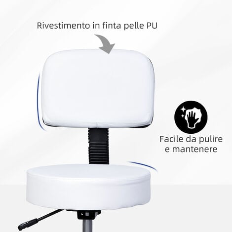 HOMCOM Sgabello Girevole in Pelle Bianca con Schienale e Ruote per Casa Negozio