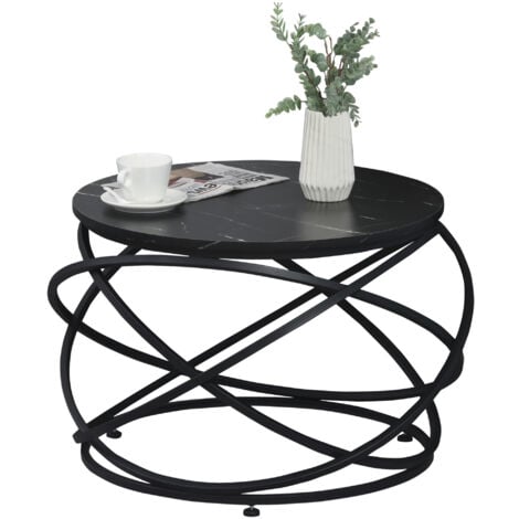Homcom Tavolino da Caffè Rotondo Effetto Marmo con Struttura di Design in Metallo Nero