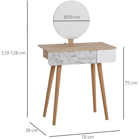 HOMCOM Tavolo da Trucco con Specchio Circolare e Cassetto, Bianco e Rovere