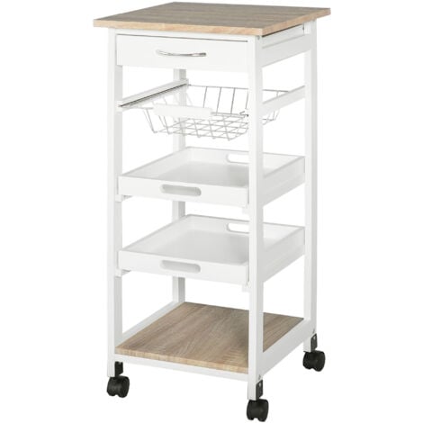 HOMCOM Carrello da Cucina Salvaspazio in Legno Bianco con 4 Ruote 37x37x82cm