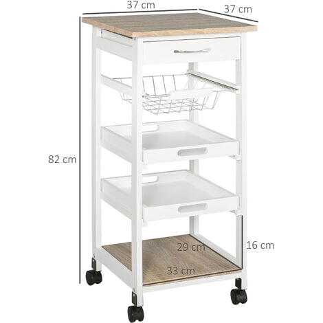 HOMCOM Carrello da Cucina Salvaspazio in Legno Bianco con 4 Ruote 37x37x82cm