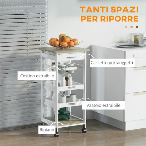 HOMCOM Carrello da Cucina Salvaspazio in Legno Bianco con 4 Ruote 37x37x82cm