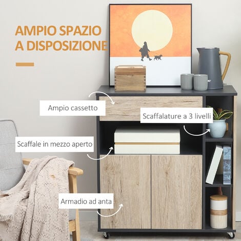 HOMCOM Isola da Cucina Multiuso con Ruote, Scaffale e Armadietto in Legno