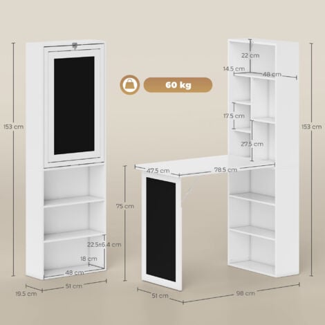 HOMCOM Scrivania Moderna Pieghevole con Libreria e Lavagna 98x51x153 cm Bianco
