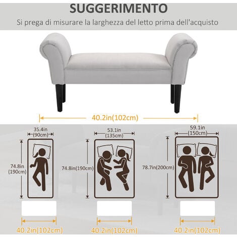 HOMCOM Panca Fondo Letto di Design Imbottita con Braccioli Arrotolati, Grigio