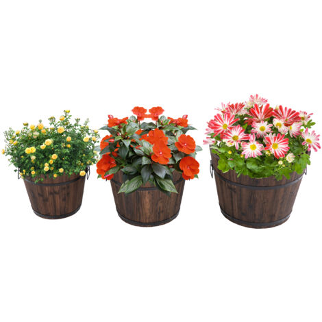 Set Di 3 Vasi In Legno Per Piante, Esterni E Interni, Stile Rustico Con Maniglie E Fori Di Drenaggio, Dimensioni Crescenti Per Balcone E Giardino - 5