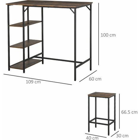 HOMCOM Set Tavolo Alto Stile Industriale 2 Sgabelli e Scaffale Metallo e  Legno