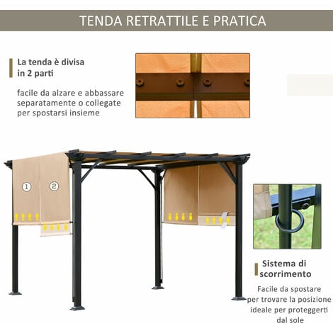 Outsunny Gazebo Pergola da Giardino 2.95x2.95m con Tenda Retrattile, Gazebo  a Pergola da Esterno con Struttura in Alluminio, Bianco Crema Retrattile