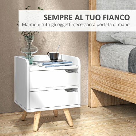 HOMCOM Comodino Salvaspazio Design Moderno in Legno Bianco con 2 Cassetti