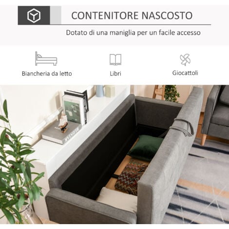 HOMCOM Divano Contenitore 3 Posti Design Scandinavo in Tessuto Grigio