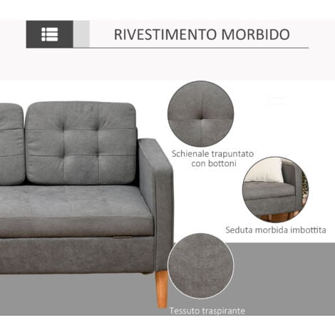 HOMCOM Divano Contenitore 3 Posti Design Scandinavo in Tessuto Grigio