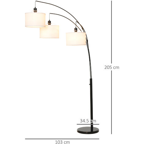 HOMCOM Lampada da Terra 3 Luci Base in Marmo e Braccia Flessibili Altezza 205cm