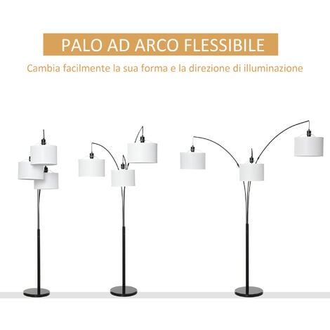 HOMCOM Lampada da Terra 3 Luci Base in Marmo e Braccia Flessibili Altezza 205cm