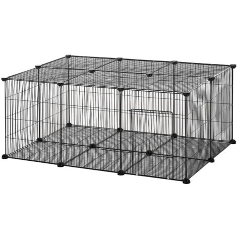 Pawhut Gabbia per Conigli e Piccoli Animali, 22 Pannelli Modulabili in Metallo con Porta, Nero, 105 x 70 x 45cm (1/5)
