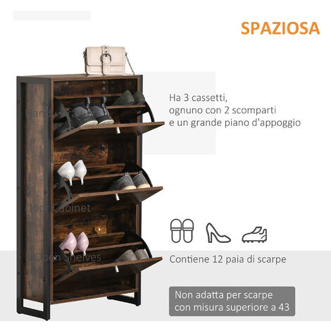 HOMCOM Mobile Scarpiera Salvaspazio 12 Scarpe Legno Metallo Stile  Industriale