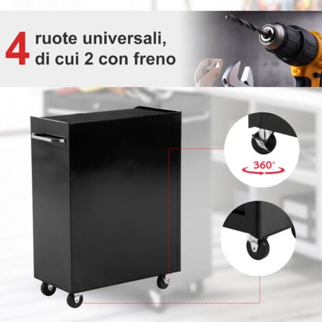 HOMCOM Carrello Porta Attrezzi con Ruote 5 Cassetti con Chiave Nero