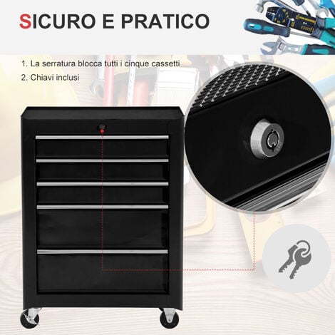 HOMCOM Carrello Porta Attrezzi con Ruote 5 Cassetti con Chiave Nero
