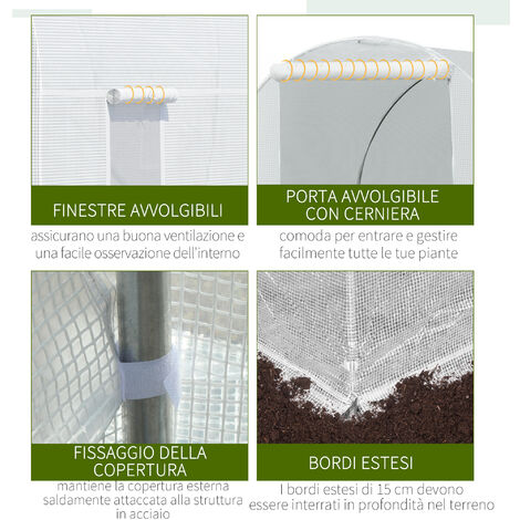Outsunny Serra per Orto a Tunnel 4.5x2x2m in PE e Tubi in Metallo Bianco