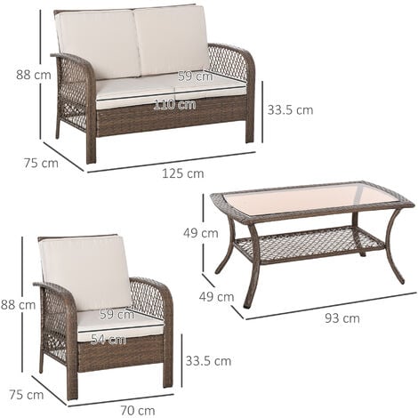 Outsunny Set Tavolino Sedie Divano Esterno Mobili Giardino in Rattan