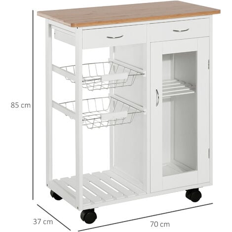 HOMCOM Carrello da Cucina in Legno con Ruote Cassetti Cesti e Armadietto Bianco