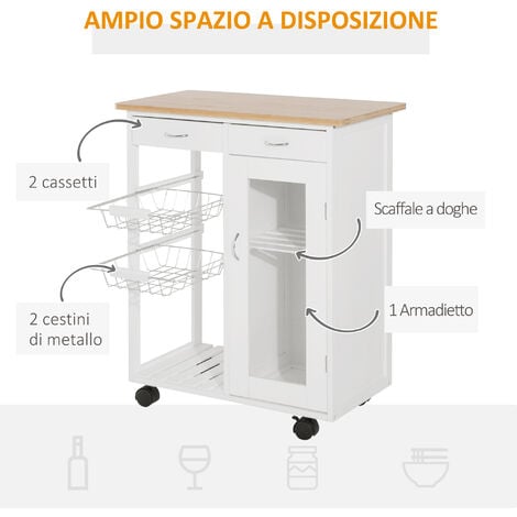 HOMCOM Carrello da Cucina in Legno con Ruote Cassetti Cesti e Armadietto Bianco