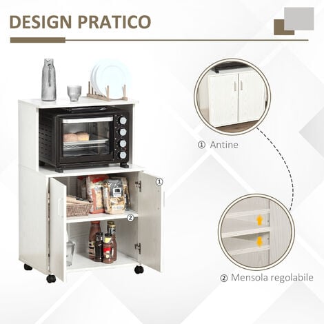 HOMCOM Mobiletto Cucina per Microonde con Armadietto e Ruote in Legno Bianco
