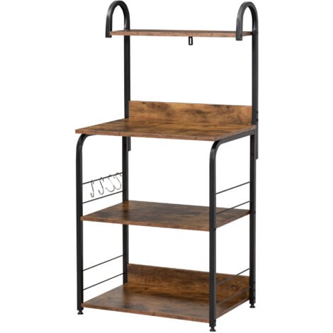HOMCOM Mobiletto Cucina 4 Ripiani e 4 Ganci Acciaio e Legno 60x40x125cm Marrone
