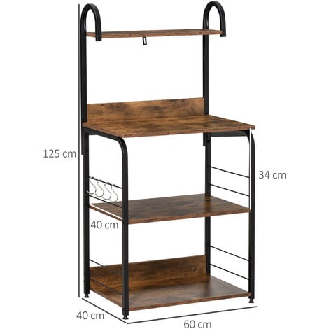 HOMCOM Mobiletto Cucina 4 Ripiani e 4 Ganci Acciaio e Legno 60x40x125cm Marrone