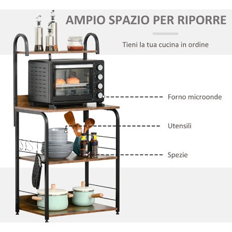 HOMCOM Mobiletto Cucina 4 Ripiani e 4 Ganci Acciaio e Legno 60x40x125cm Marrone