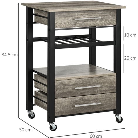 HOMCOM Carrello Portavivande da Cucina 3 Cassetti e Mensola 60x50x84.5cm Legno