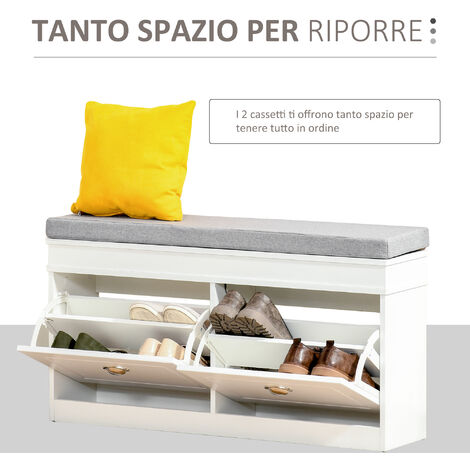 HOMCOM Panca Scarpiera e Cuscino 2 Cassetti Regolabili per 8 Scarpe 104x24x55cm