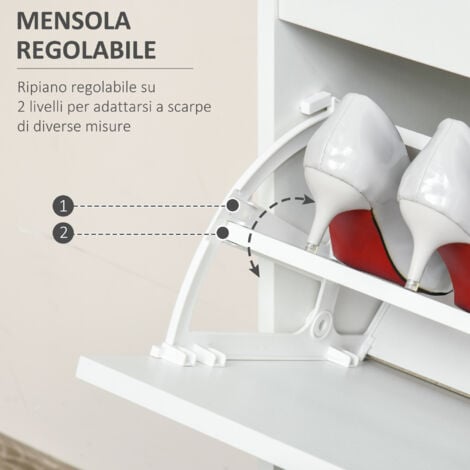 HOMCOM Scarpiera Moderna, 2 Cassetti per 16 Scarpe con Mensola Regolabile e  Ripiano in Vetro, 89x23x96cm, Bianco Lucido il Legno