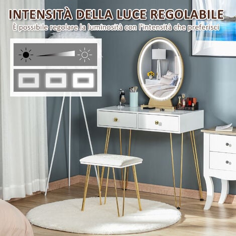 HOMCOM Toeletta Moderna con Sgabello e Specchio Luci a LED Interruttore  Touch