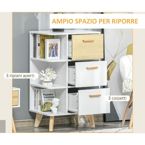 HOMCOM Mobiletto Multiuso Basso con 3 Cassetti e 3 Ripiani in Legno Bianco