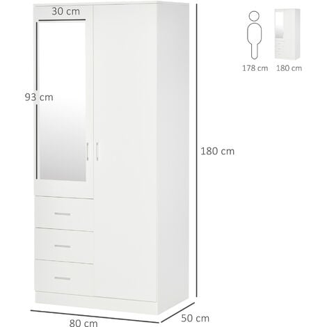 HOMCOM Guardaroba Moderno 2 Ante con 3 Cassetti e Specchio 80x50x180cm Bianco