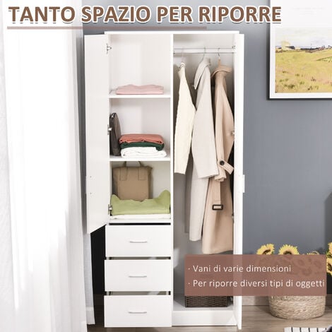 HOMCOM Guardaroba Moderno 2 Ante con 3 Cassetti e Specchio 80x50x180cm Bianco