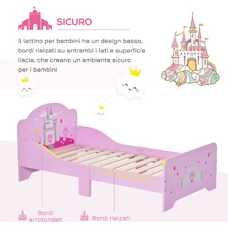 HOMCOM Lettino per Bambini in Legno Rosa con Bordi Alti Età 3-6 Anni  143x73x60cm