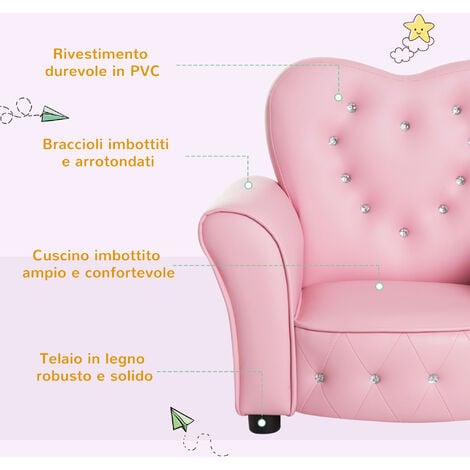 HOMCOM Poltroncina per Bambini Imbottita Rivestimento in PVC e Brillanti  Rosa