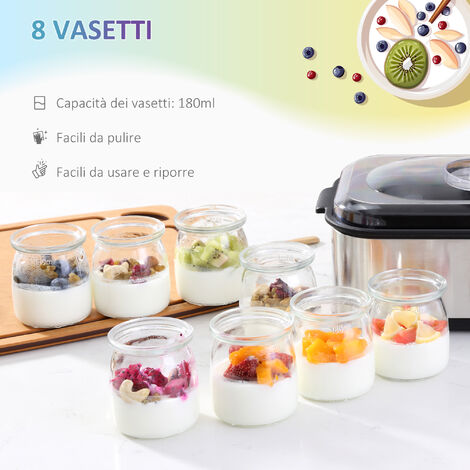 HOMCOM Macchina per Yogurt 30W con 8 Vasetti Temperatura 20-50°C Timer 1-48  Ore