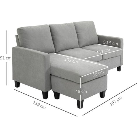 HOMCOM Divano Angolare 3 Posti Moderno Penisola Reversibile in Tessuto Grigio