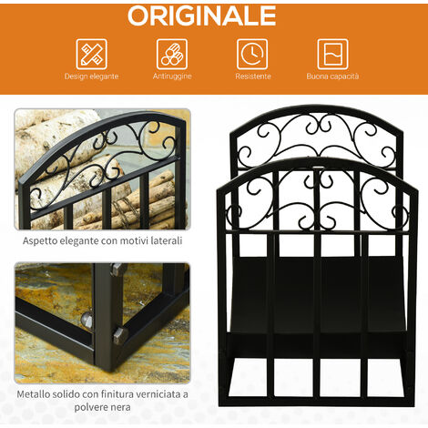 Portalegna Regolabile In Metallo Outsunny - Per Interno Ed Esterno, Con Ganci A S, Larghezza 40-65 Cm, Altezza 100-150 Cm, Nero