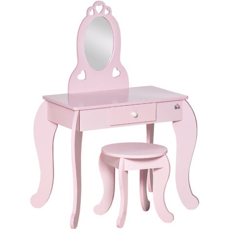 HOMCOM Tavolo Trucco per Bambini con Sgabello in Legno, Toeletta con Specchio  e Cassetto, 60x36x88cm - Rosa