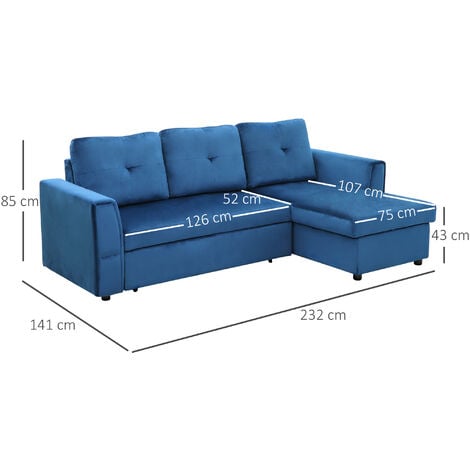 HOMCOM Divano Letto 3 Posti e Chaise Longue con Contenitore Effetto Velluto Blu