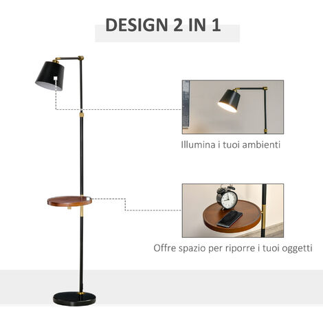 HOMCOM Lampada da Terra in Stile Vintage con Ripiano, Lampada da Pavimento  Compatibile con Lampadine E27 da 40W, Metallo Nero e Oro a Piantana