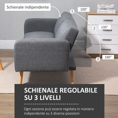 HOMCOM Divano Letto 2 Posti in Tessuto Schienale Reclinabile 173x75x73cm Grigio
